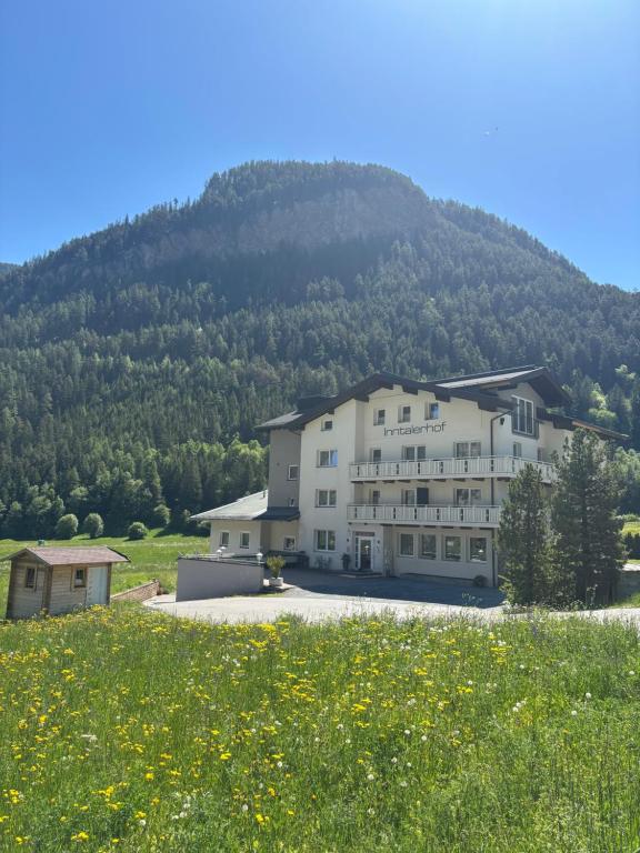 a large building with a mountain in the background at Apart Inntalerhof in Tösens