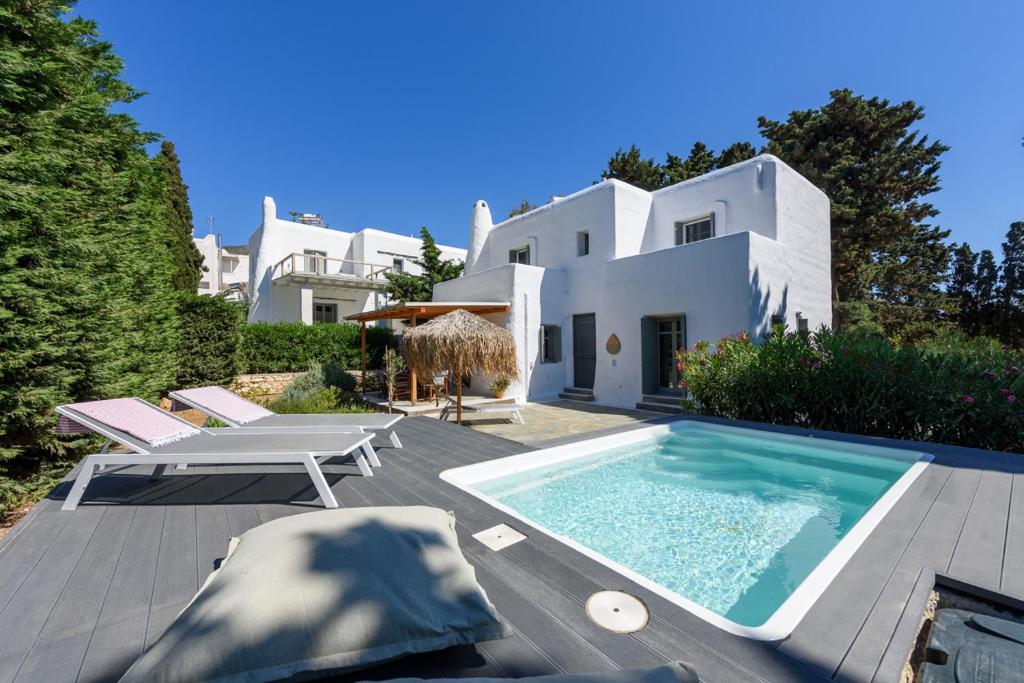 a villa with a swimming pool in front of a house at Sun Drop 2 with mini pool, 5-min walk to Drios beach in Drios