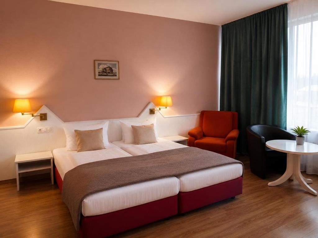 a hotel room with a bed and a chair at Hotel Elisenhof in Chemnitz