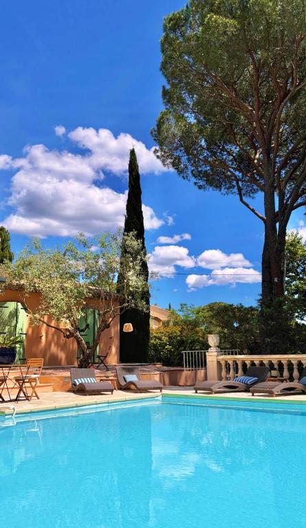 a large swimming pool with lounge chairs and a tree at La Villa D’Aimée in Vidauban