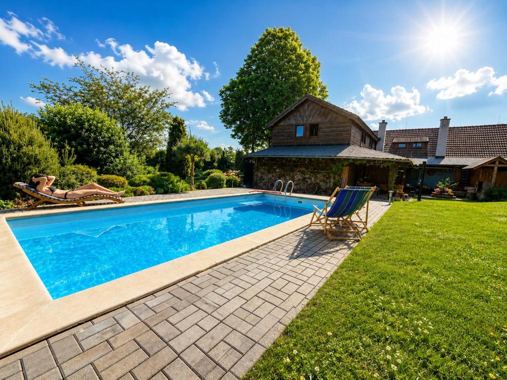 a swimming pool in a yard next to a house at Penzion Pod Lípou in Dolní Brusnice