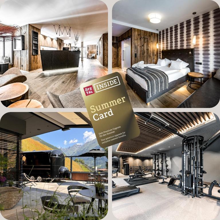 a collage of pictures of a hotel with a bed and a summer car at Hotel Alpina Sölden - Adults Only in Sölden