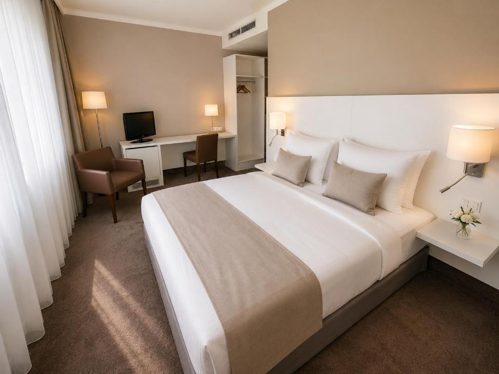 a hotel room with a large bed and a desk at guestified GRAND AIRPORT Hotel Düsseldorf Ratingen in Ratingen