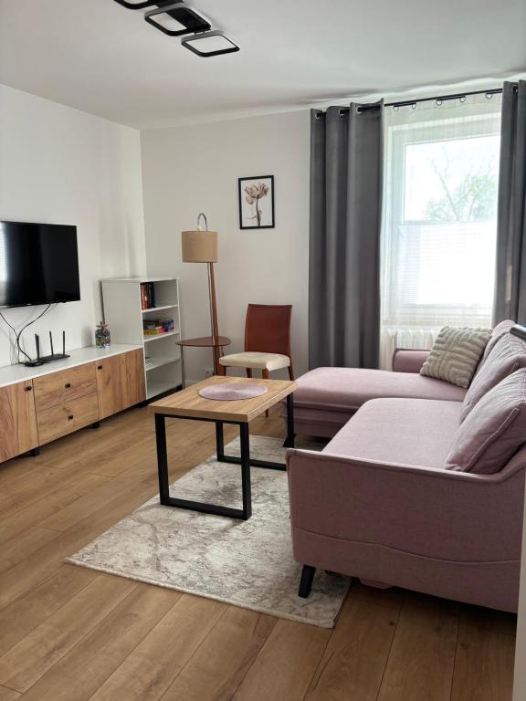 a living room with a couch and a table at Apartament Mirka centrum in Lidzbark Warmiński