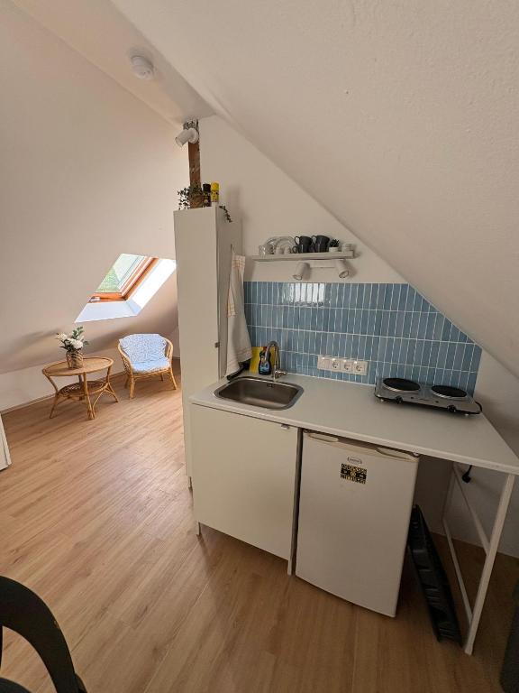 a kitchen with a sink and a counter in a attic at Green View Apartment in Wülfrath