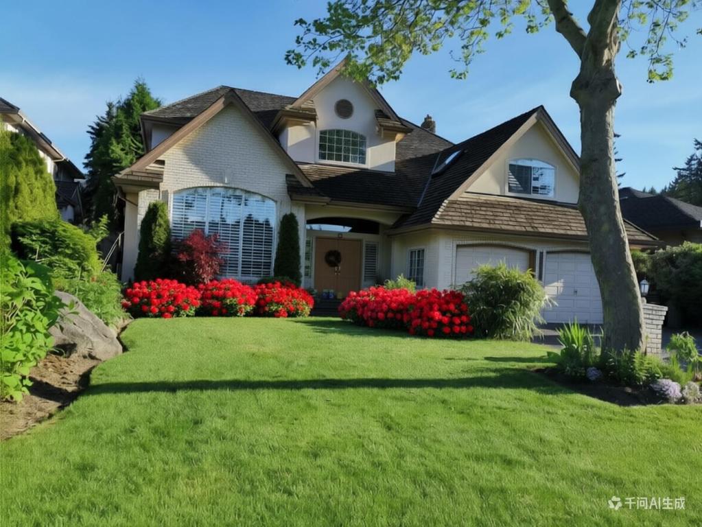 a house with red flowers in a yard at Forest house 4 bedrooms in Surrey
