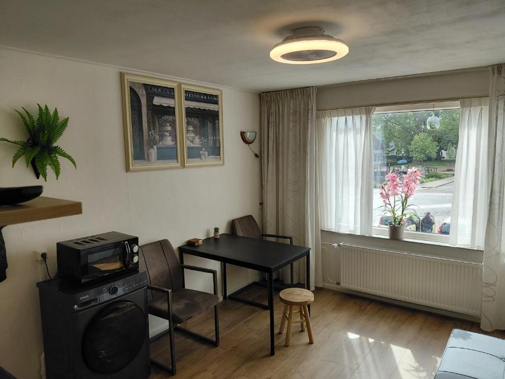 a living room with a table and a microwave at Vijverzicht Krabbendijke centrum in Krabbendijke
