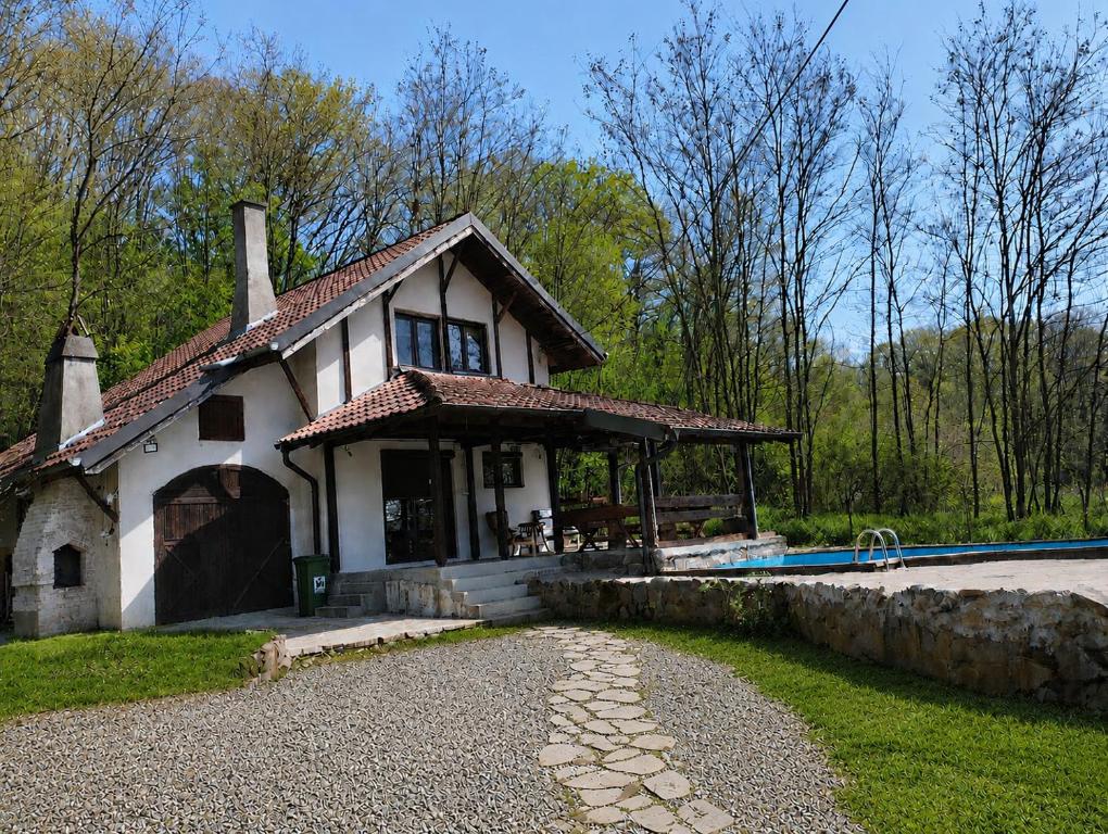 a small white house with a pool in front of it at villa vidalis in Veliko Golovode