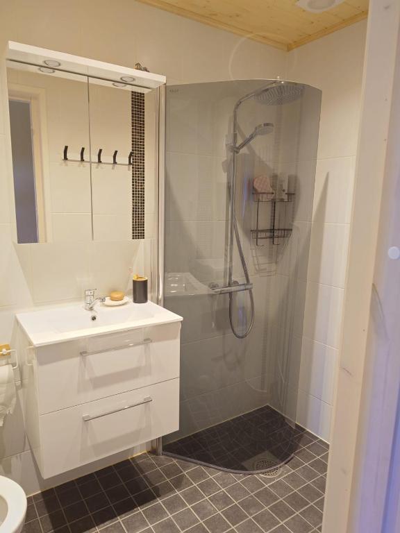 a white bathroom with a shower and a sink at Mustjala Apartment in Myustelʼ