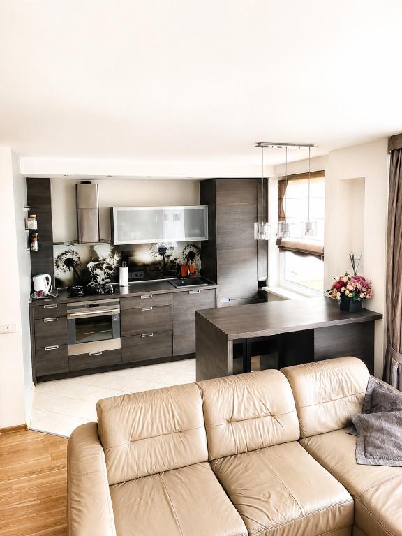 a living room with a couch in front of a kitchen at Nikoletos apartamentai in Panevėžys