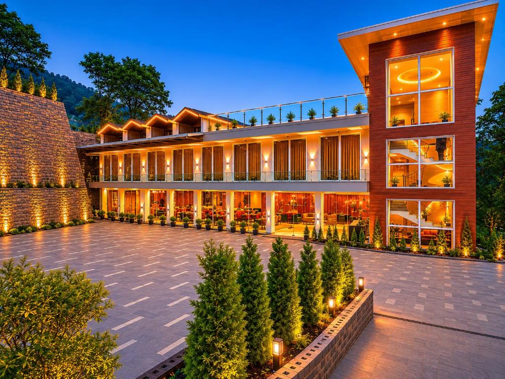 an exterior view of a building with a courtyard at ARNISA Kasauli - A Boutique Hotel in Kasauli
