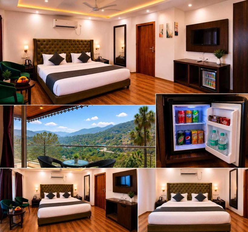a hotel room with two beds and a refrigerator at Hotel The Girnaar Near Valley View Dharampur Kasauli Road in Dharampur