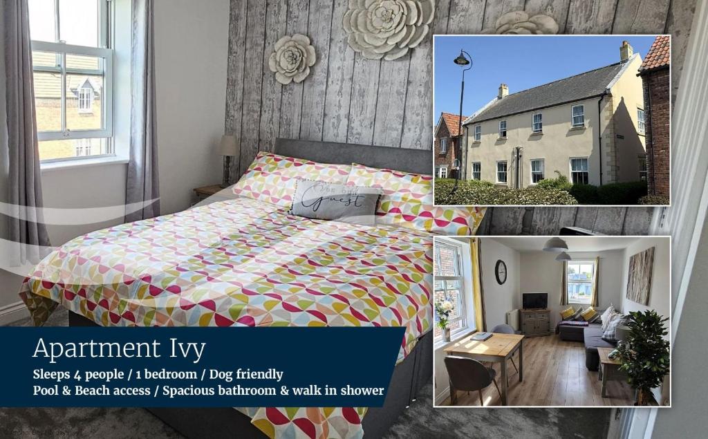 a collage of a bedroom with a bed and a house at Apartment Ivy - Part of the The Bay Filey Holiday Village with pool, gym and direct beach access, pub, restaurant, tennis and meadows walks in Filey