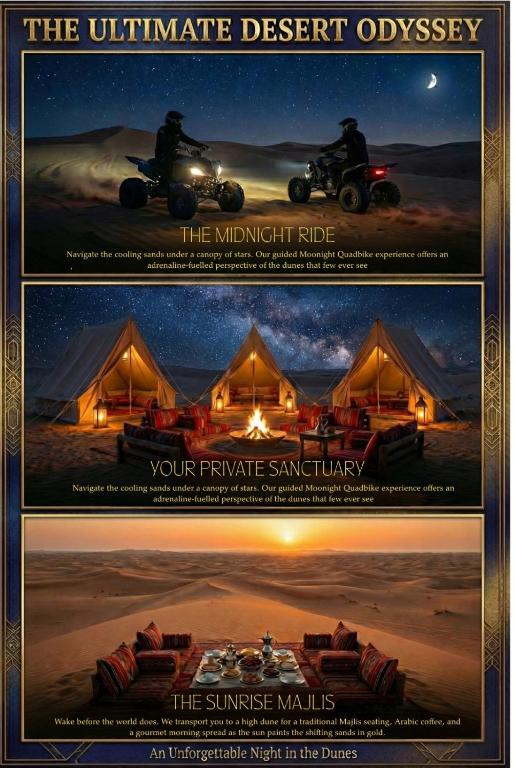 a set of three pictures of a poster for a safari tent at Desert Safari in Margham