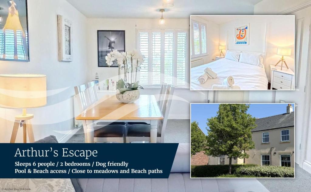 a collage of a bedroom and a dining room at Arthurs Escape - Part of the The Bay Filey Holiday Village with pool, gym and direct beach access, pub, restaurant, tennis and meadows walks in Filey