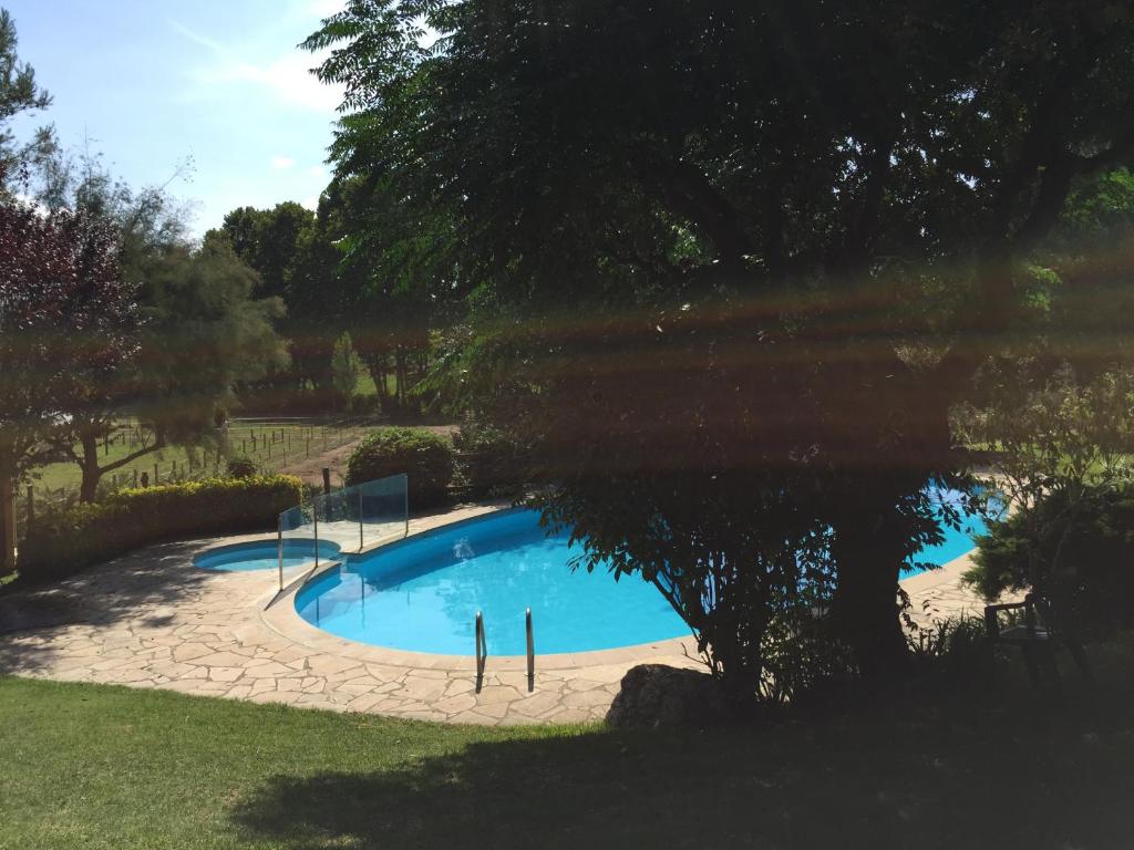 a swimming pool in a yard next to a tree at Hotel Can Ribalta in San Antonio de Vilamajor
