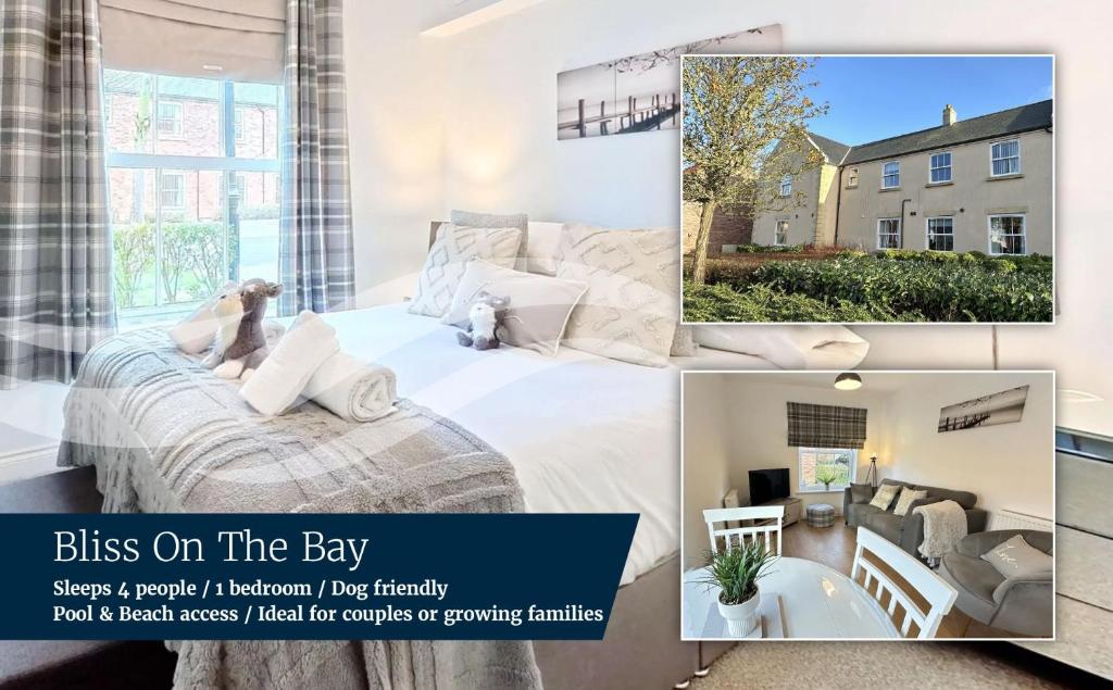 a collage of photos of a bedroom in a house at Bliss On The Bay - Part of the The Bay Filey Holiday Village with pool, gym and direct beach access, pub, restaurant, tennis and meadows walks in Filey