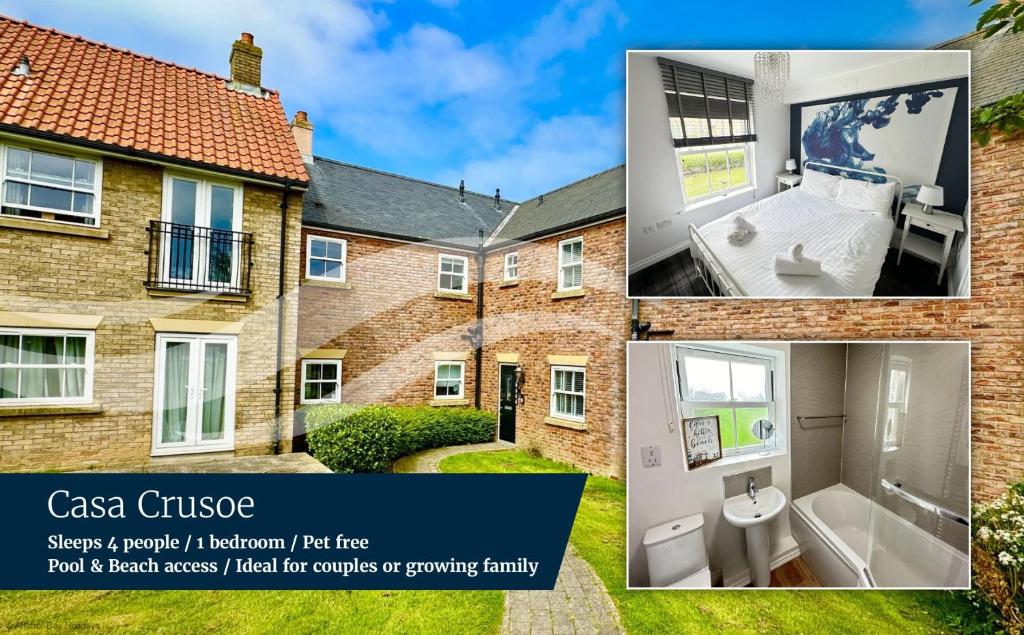 a collage of pictures of a house at Casa Crusoe - Part of the The Bay Filey Holiday Village with pool, gym and direct beach access, pub, restaurant, tennis and meadows walks in Reighton