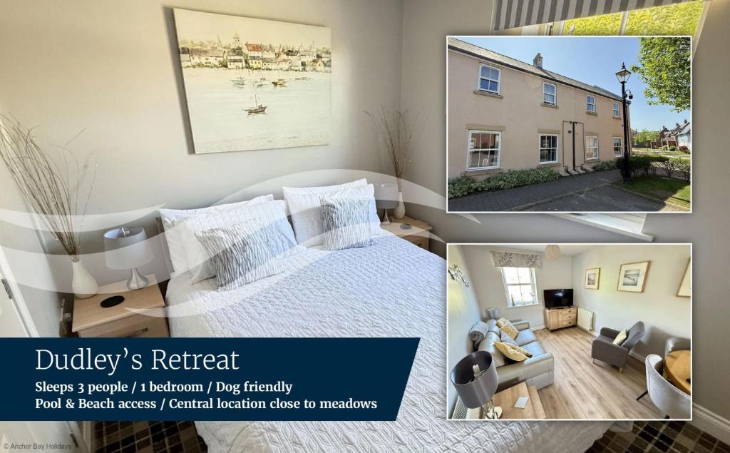 a collage of three pictures of a bedroom with a bed at Dudleys Retreat - Part of the The Bay Filey Holiday Village with pool, gym and direct beach access, pub, restaurant, tennis and meadows walks in Filey