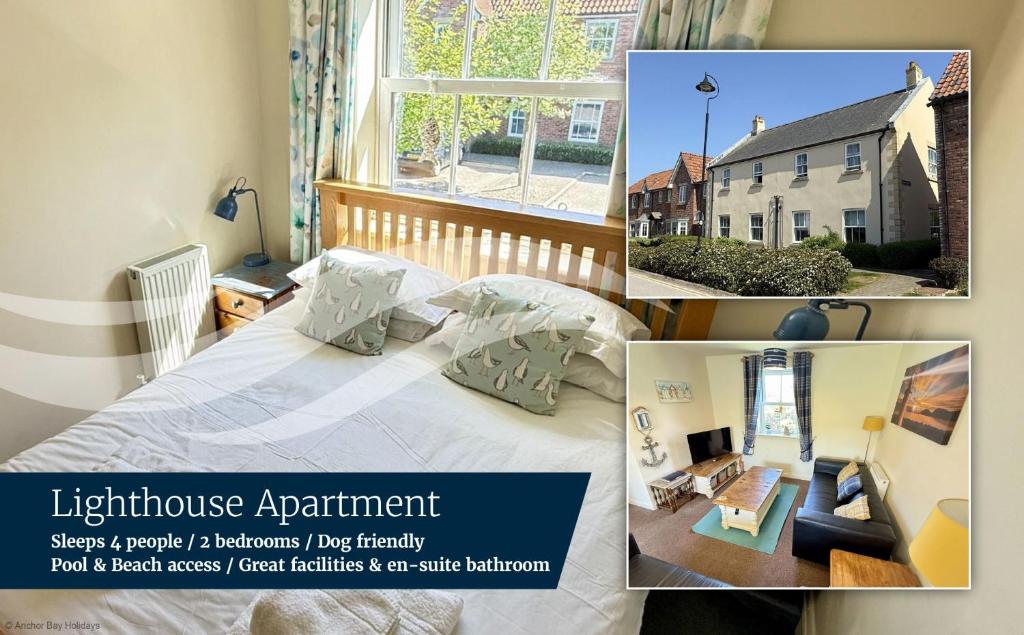 a collage of pictures of a bedroom with a bed and a window at Lighthouse Apartment - Part of the The Bay Filey Holiday Village with pool, gym and direct beach access, pub, restaurant, tennis and meadows walks in Filey