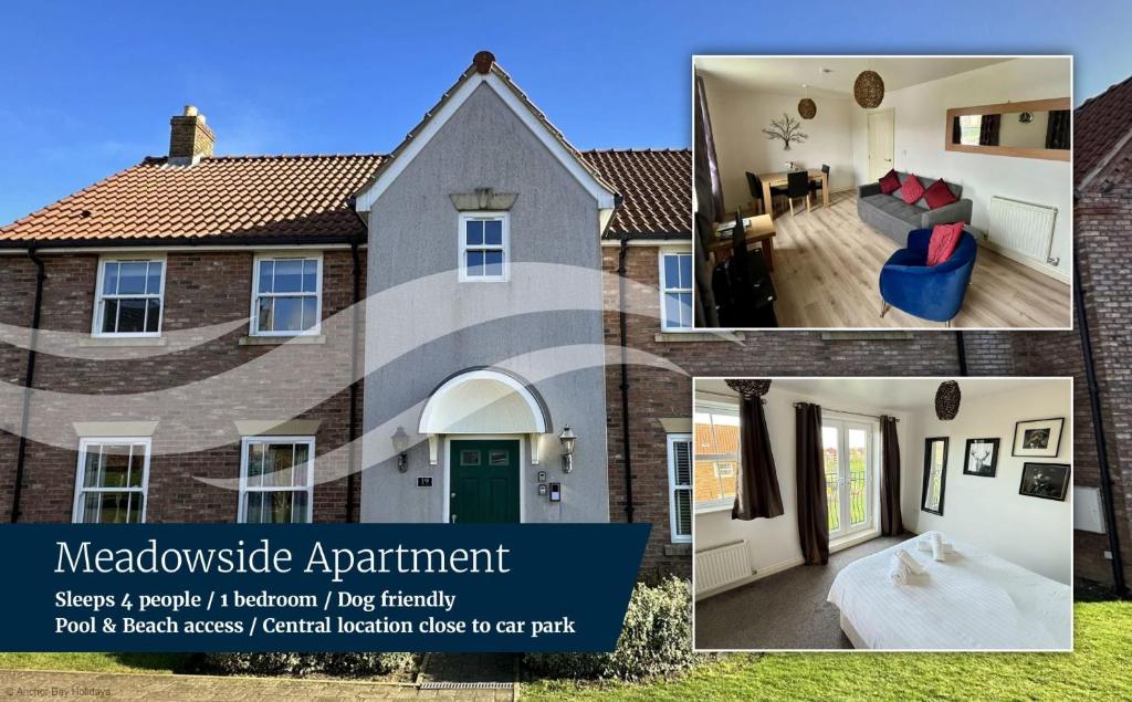 a collage of photos of a house at Meadowside Apartment - Part of the The Bay Filey Holiday Village with pool, gym and direct beach access, pub, restaurant, tennis and meadows walks in Filey