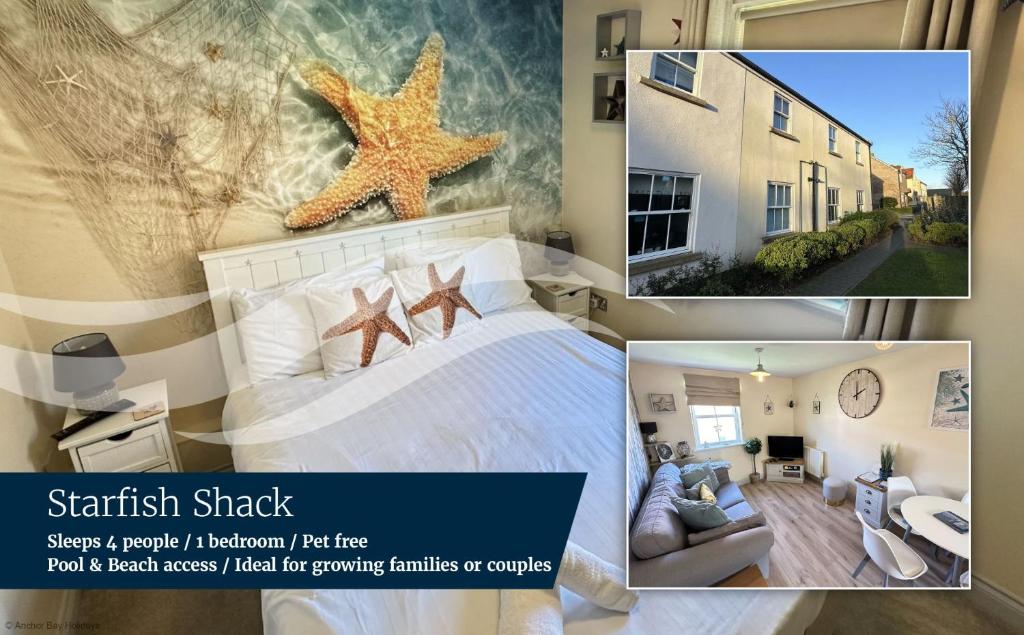 a collage of three pictures of a bedroom with a bed and a starfish at Starfish Shack - Part of the The Bay Filey Holiday Village with pool, gym and direct beach access, pub, restaurant, tennis and meadows walks in Filey