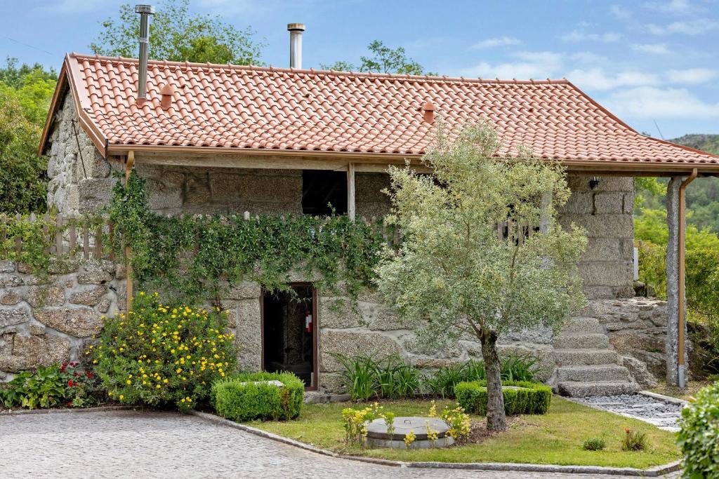 a stone house with a tree in front of it at Casa do Moinho in Aboim