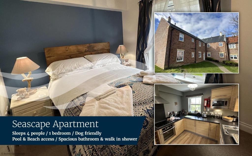 a collage of pictures of a bedroom with a bed at Seascape Apartment - Part of the The Bay Filey Holiday Village with pool, gym and direct beach access, pub, restaurant, tennis and meadows walks in Filey