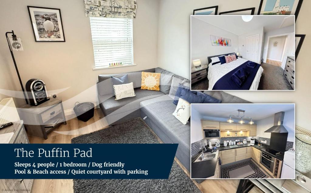 a collage of three pictures of a room at The Puffin Pad - Part of the The Bay Filey Holiday Village with pool, gym and direct beach access, pub, restaurant, tennis and meadows walks in Filey