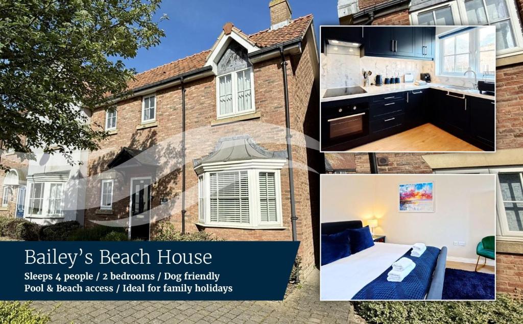 a collage of pictures of a house at Baileys Beach House - Part of the The Bay Filey Holiday Village with pool, gym and direct beach access, pub, restaurant, tennis and meadows walks in Filey