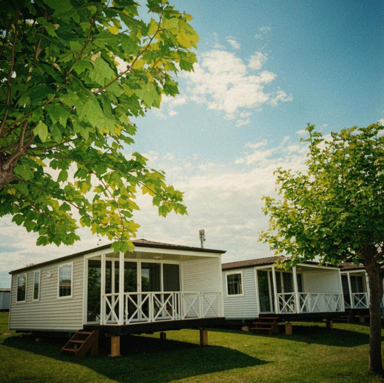 a white house with a porch and a tree at Camping benquerencia in Pena