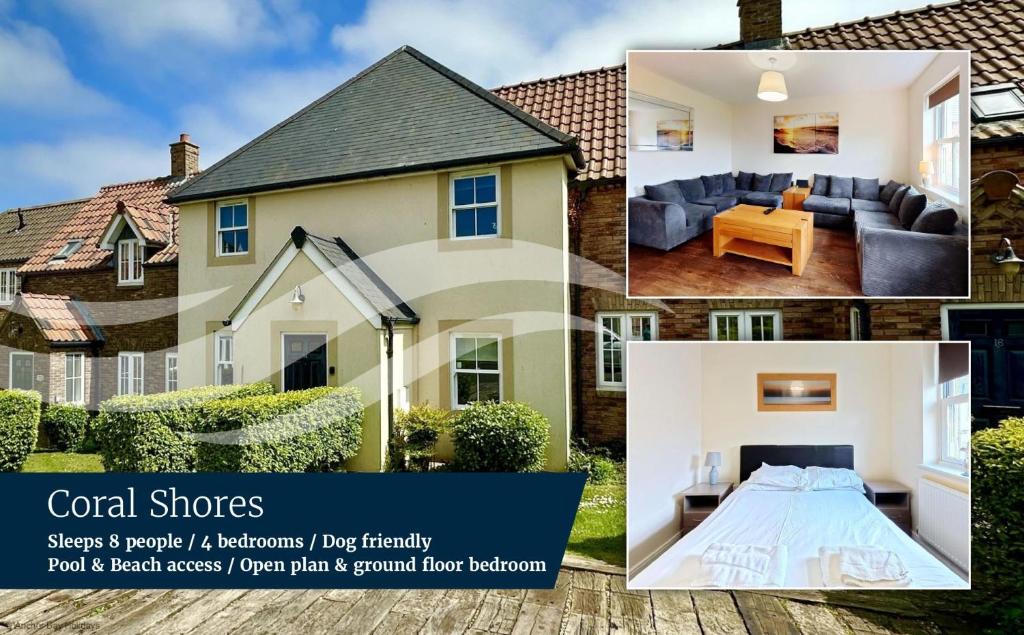 a collage of photos of a house at Coral Shores - Part of the The Bay Filey Holiday Village with pool, gym and direct beach access, pub, restaurant, tennis and meadows walks in Filey