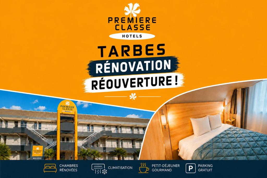 a poster for a hotel with a bed and a building at Première Classe Tarbes - Bastillac in Tarbes