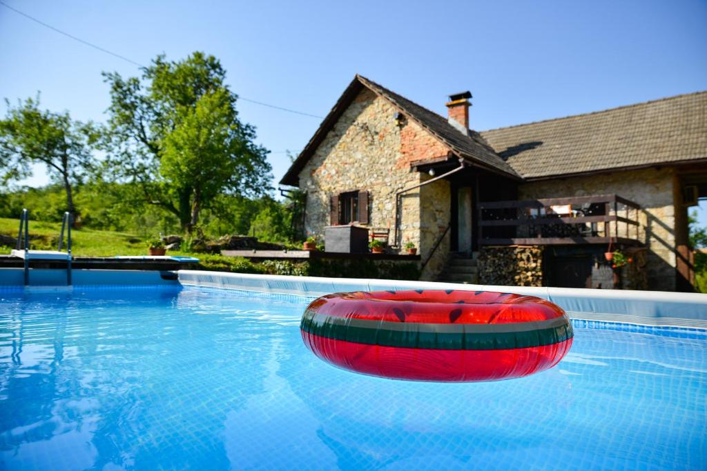a red raft in a swimming pool in front of a house at 1st Truffle House Žumberak 