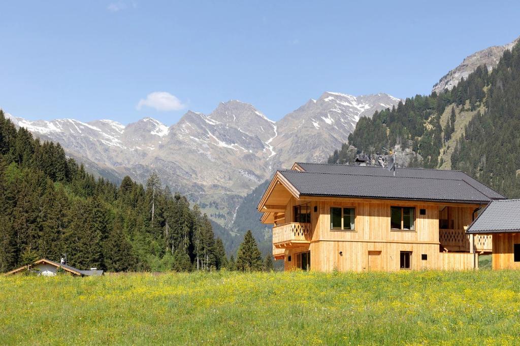 a house in a field with mountains in the background at Archerhof in Racines
