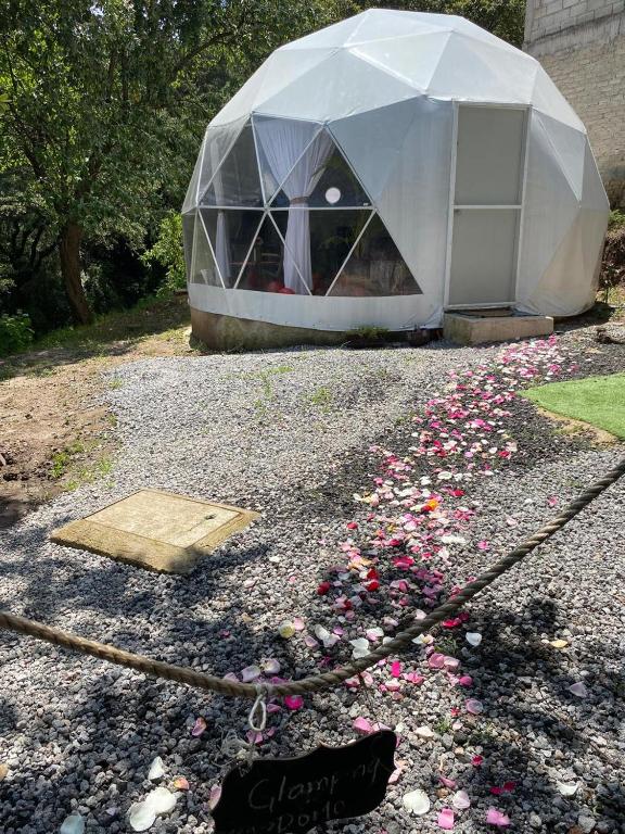 a large dome tent with flowers on the ground at Glamping sin salir de la CDMX in Mexico City