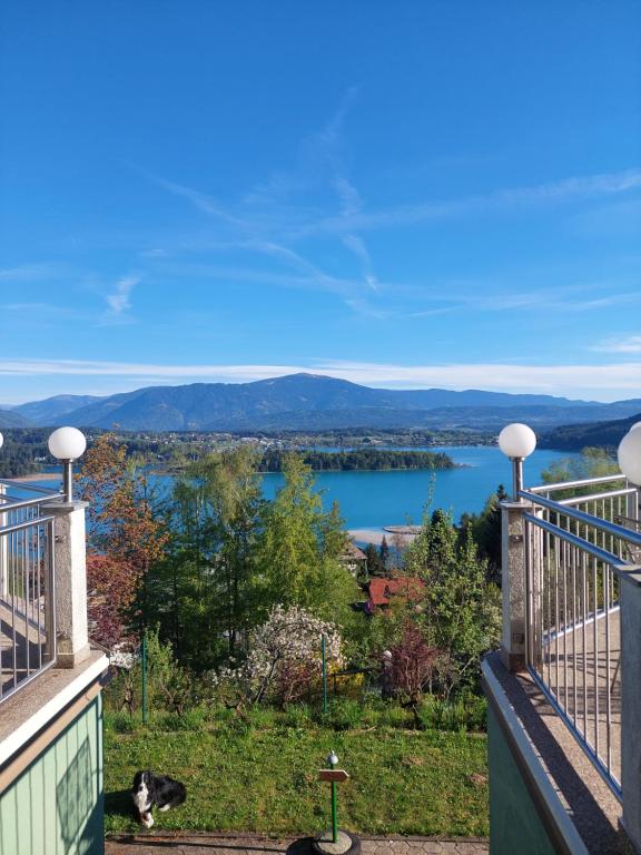 a view of a lake from the balcony of a house at GRÜNER HEINRICH - Bett&Frühstück in Oberaichwald