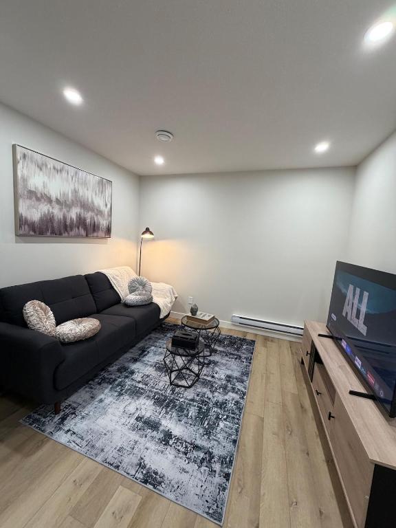 a living room with a black couch and a flat screen tv at The Onyx Suite Sleek Modern Space Private Entry in Regina