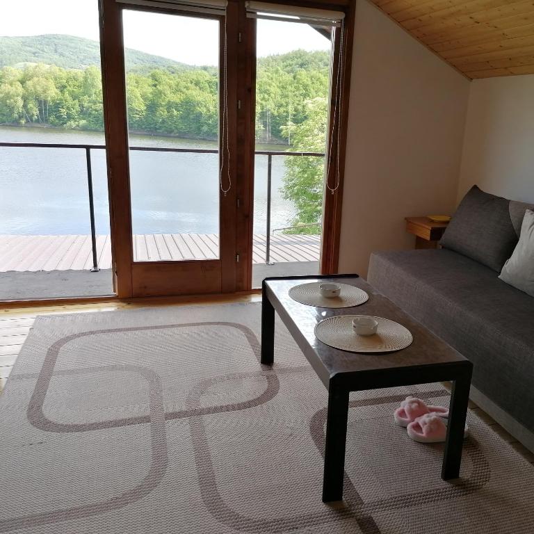 a living room with a couch and a large window at Apartman Ružica in Banja