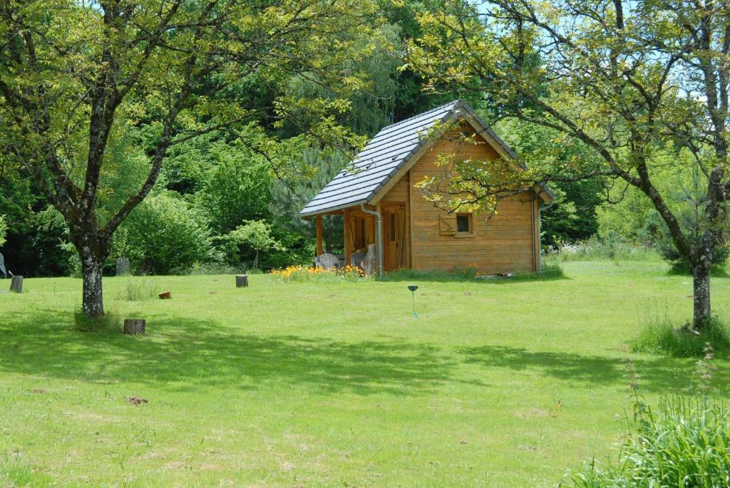 a small wooden cabin in a field with trees at La cabane de Jane in Saint-Bonnet-lʼEnfantier