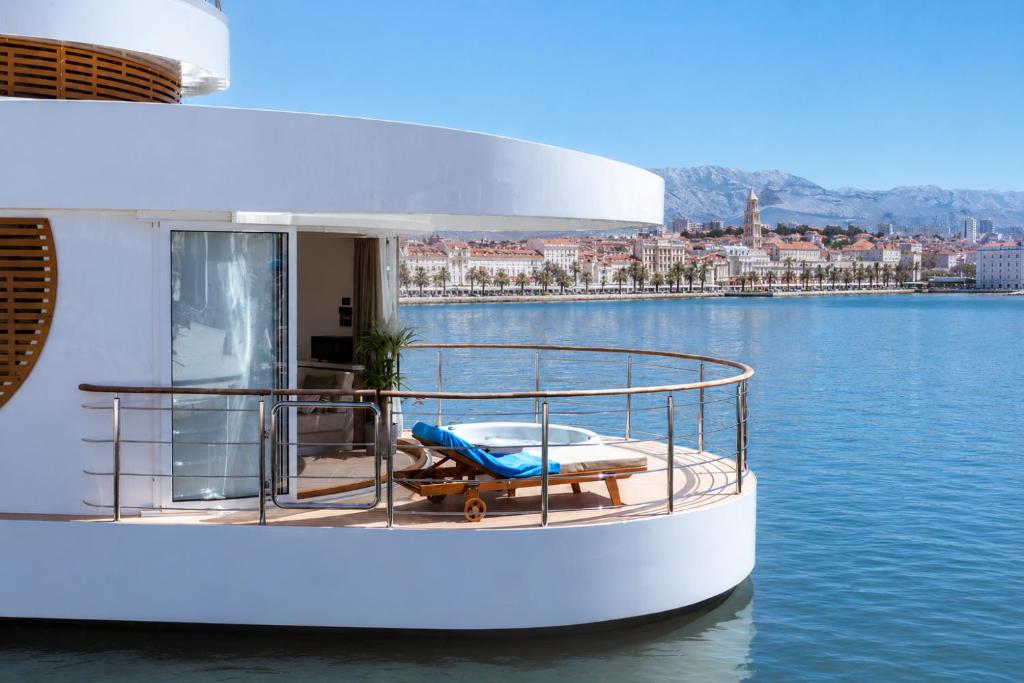 a white boat in a body of water at Luxury Floating Apartment - Amor in Split