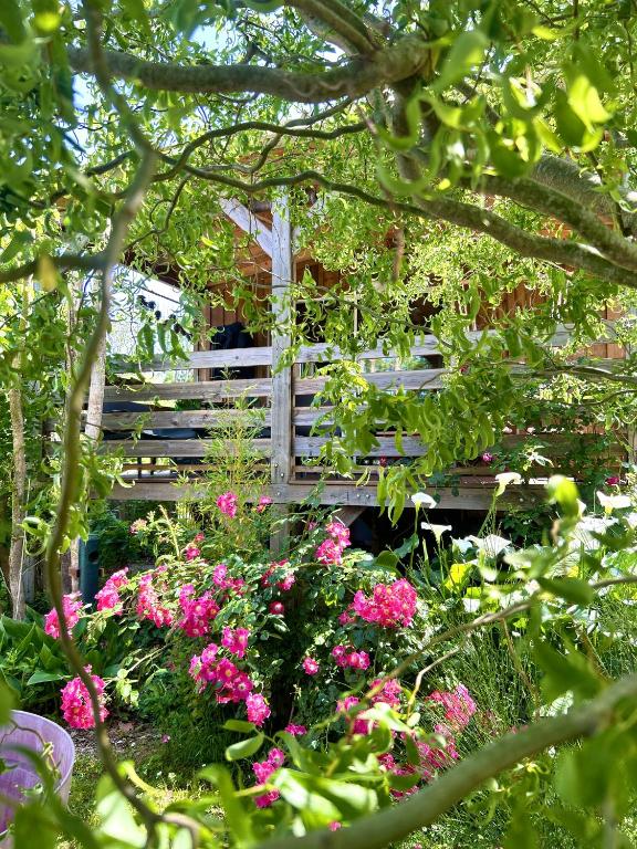 a white bench in a garden with pink flowers at CHALET SUR PILOTIS - 4 personnes - CLIMATISÉ- PISCINE- PROCHE PLAGE in Arès