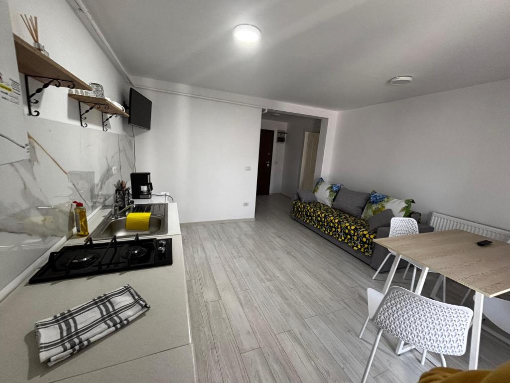 a kitchen and living room with a table and a couch at Deluxe apartament Vatra Dornei in Vatra Dornei