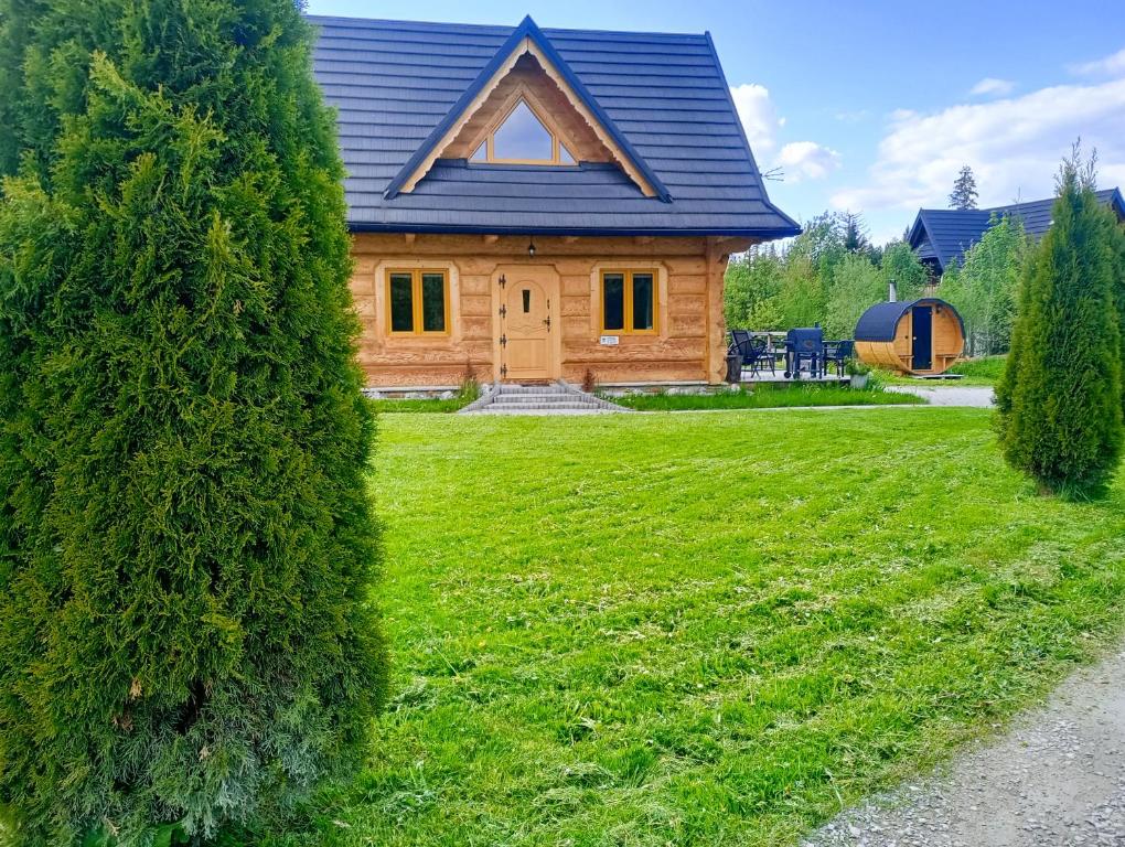 ein Haus mit blauem Dach und grünem Garten in der Unterkunft DOMEK POLANKA z sauną i widokiem na Tatry in Witów