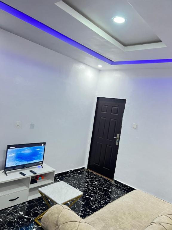 a room with a couch and a tv and a blue light at Executive villa in Aja