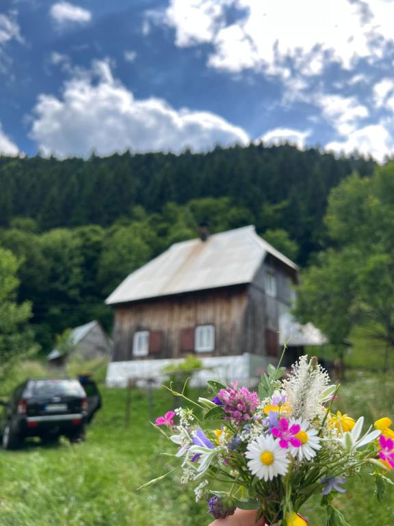 a bouquet of flowers in front of a barn at Djedova nova kuca in Žabljak