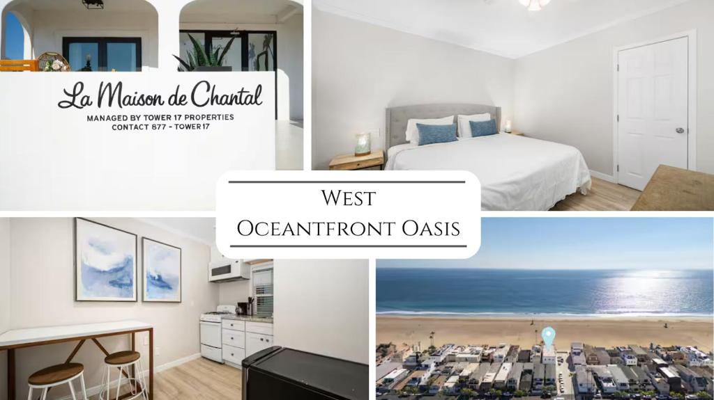 a collage of photos of a bedroom with a bed and the words west apartment at 1628 West Oceanfront Oasis 6 in Newport Beach