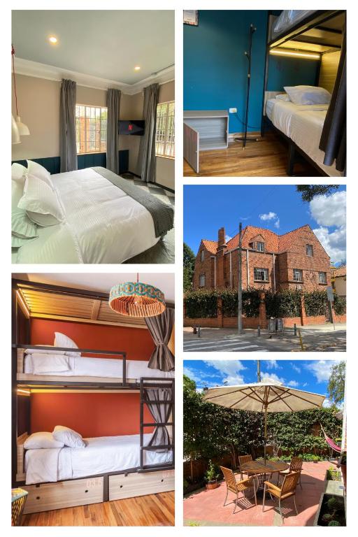 a collage of four pictures of a hotel room at Bendito Hostels in Bogotá