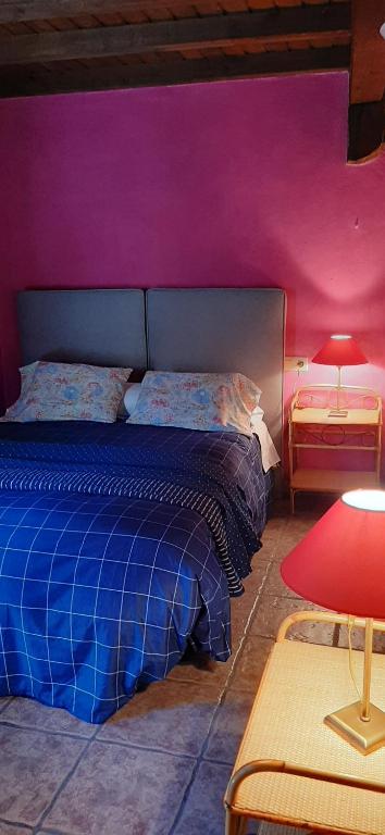 a bedroom with a bed and a purple wall at La Dueña I in Miranda del Castañar
