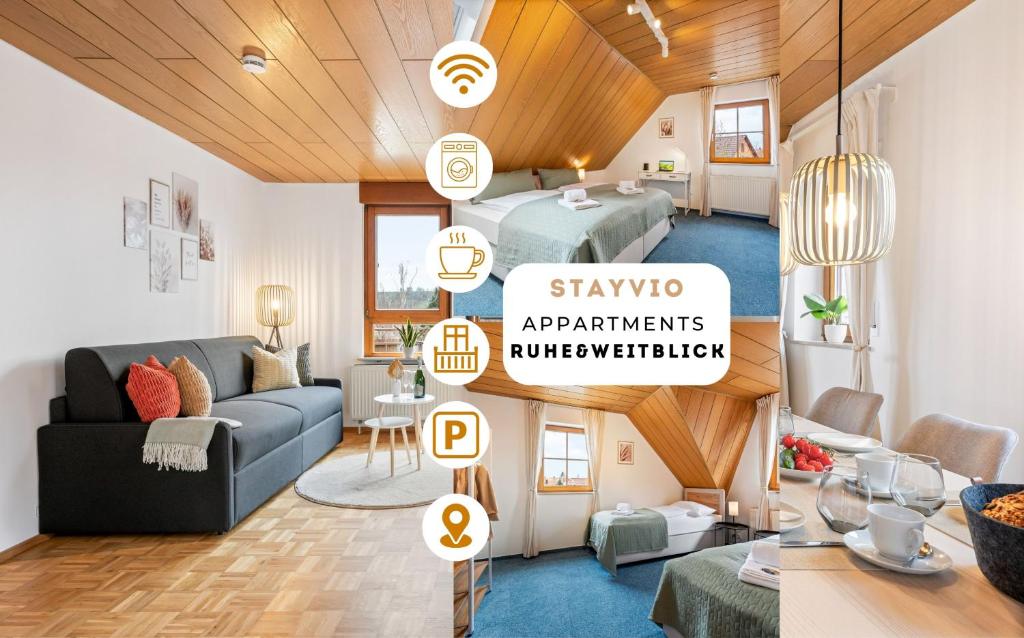 a living room with a couch and a living room with a room at Ferienwohnung "Ruhe und Weitblick" Perfekte Anbindung in Illingen